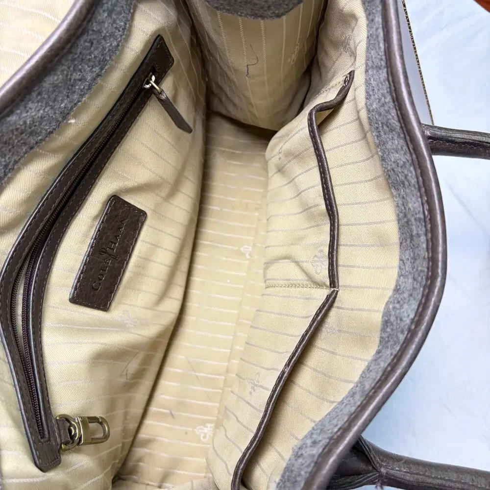 Cole Haan gray quilted purse, brown leather details, large satchel, charm¸